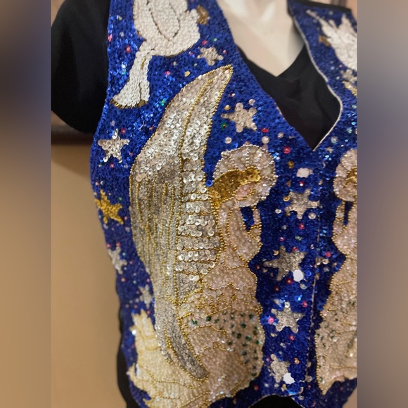 Vintage Sequin Christmas Vest Angels & Doves Holiday Religious BALI GEM Large - Picture 3 of 14